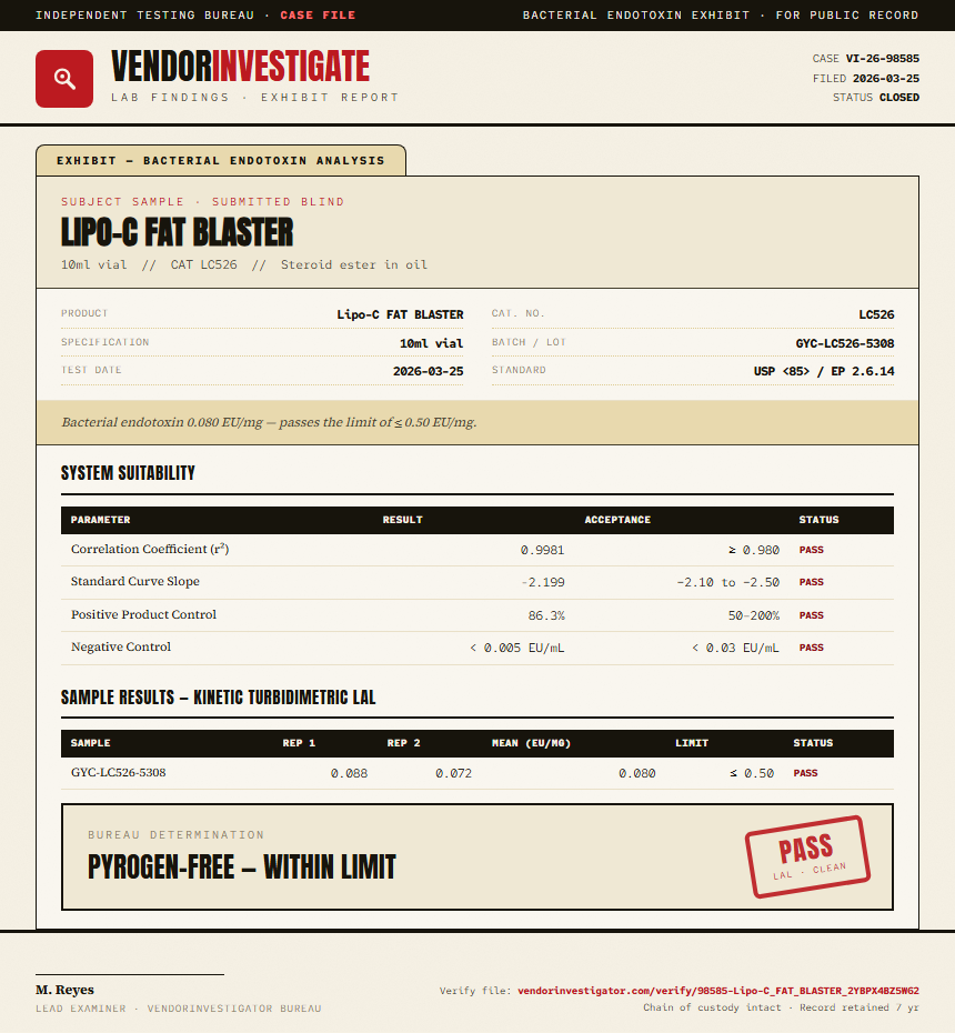 Lipo-C FAT BLASTER Endotoxin report by VendorInvestigator