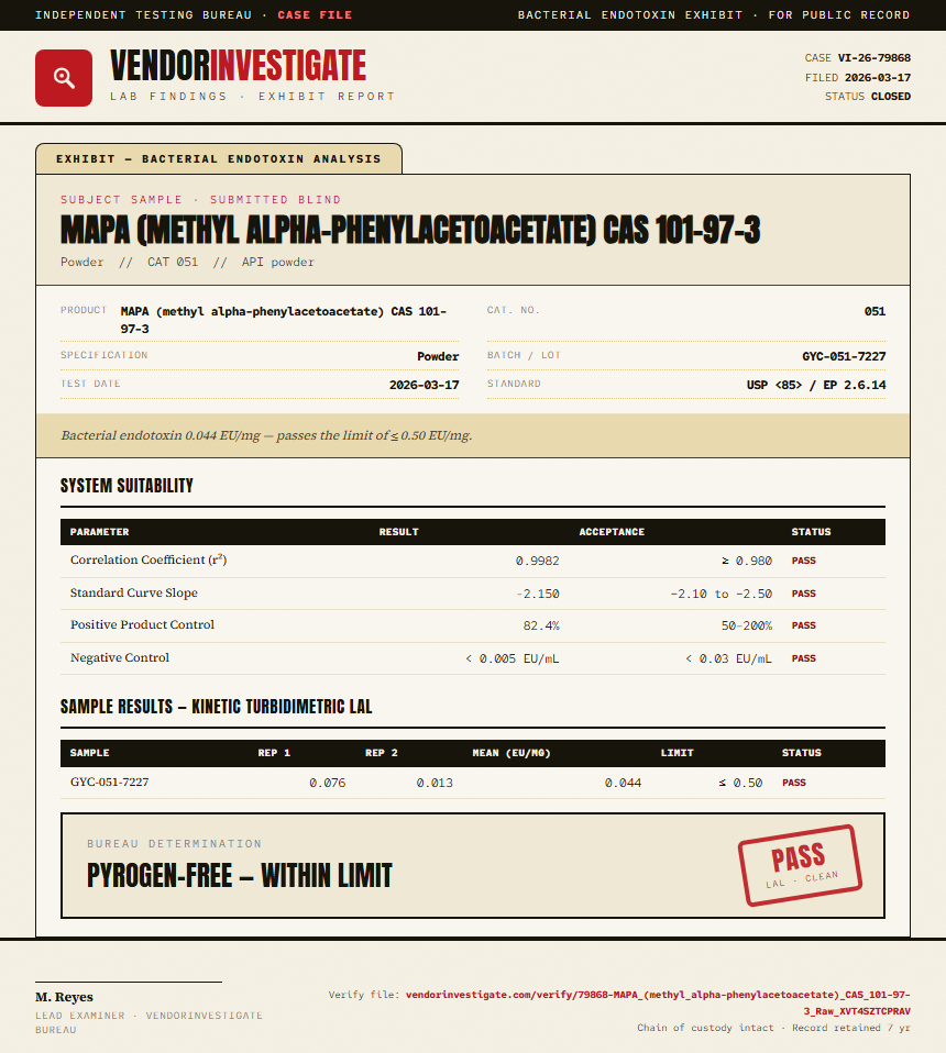 MAPA (methyl alpha-phenylacetoacetate) CAS 101-97-3 Endotoxin report by VendorInvestigator