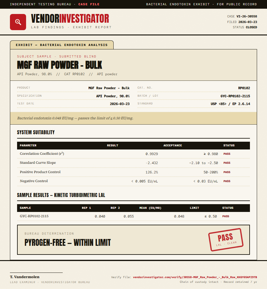 MGF Raw Powder - Bulk Endotoxin report by VendorInvestigator
