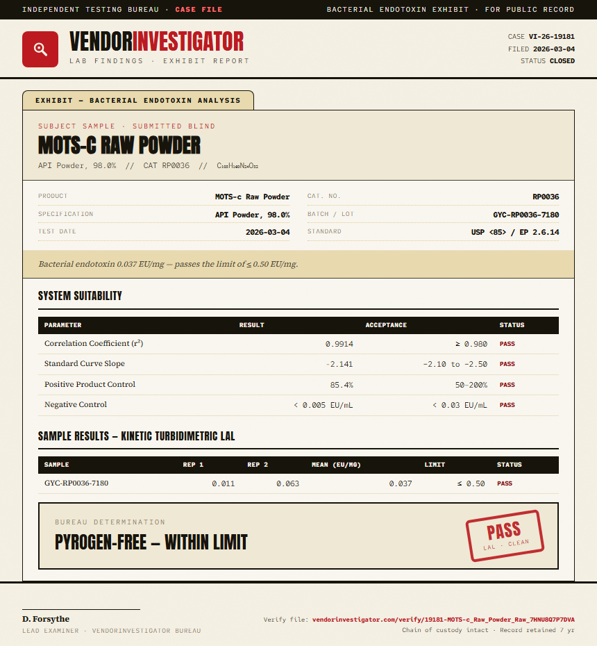 MOTS-c Raw Powder Endotoxin report by VendorInvestigator