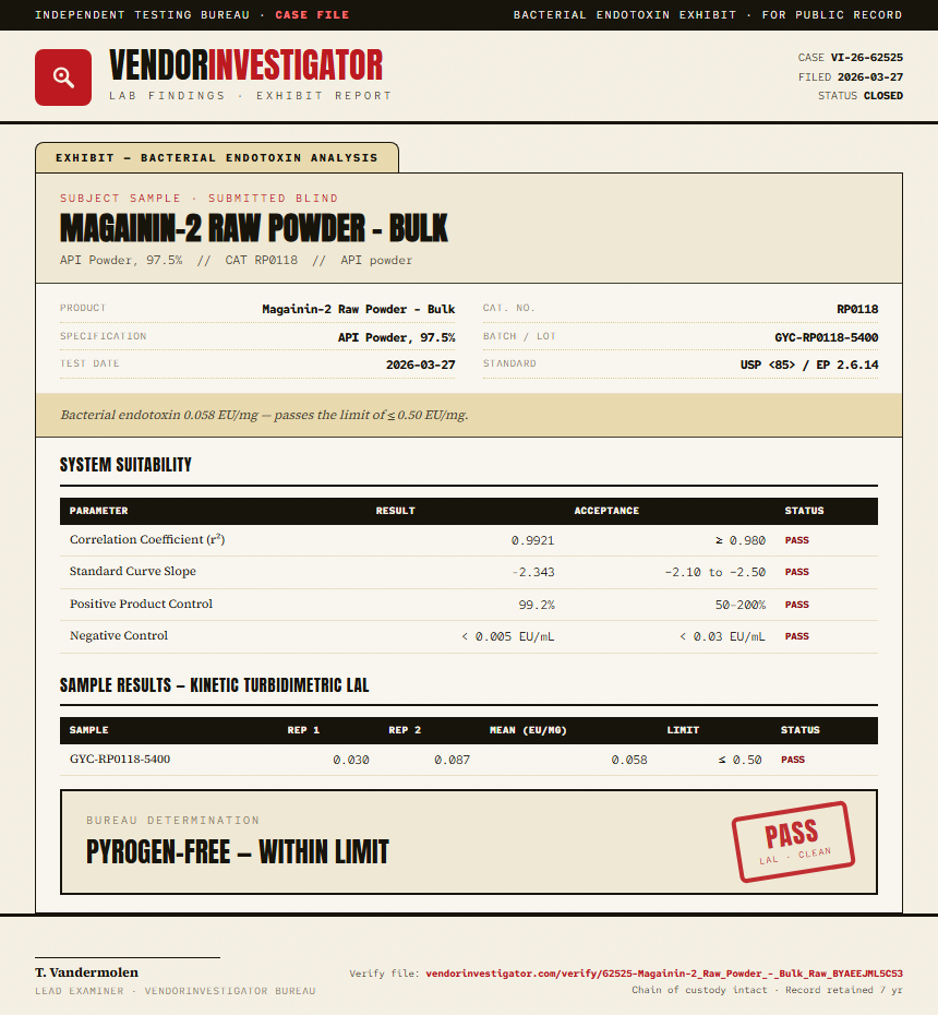 Magainin-2 Raw Powder - Bulk Endotoxin report by VendorInvestigator