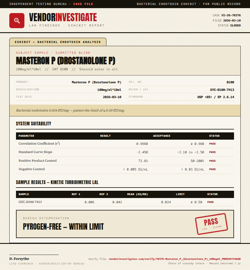 Masteron P (Drostanolone P) Endotoxin report by VendorInvestigator