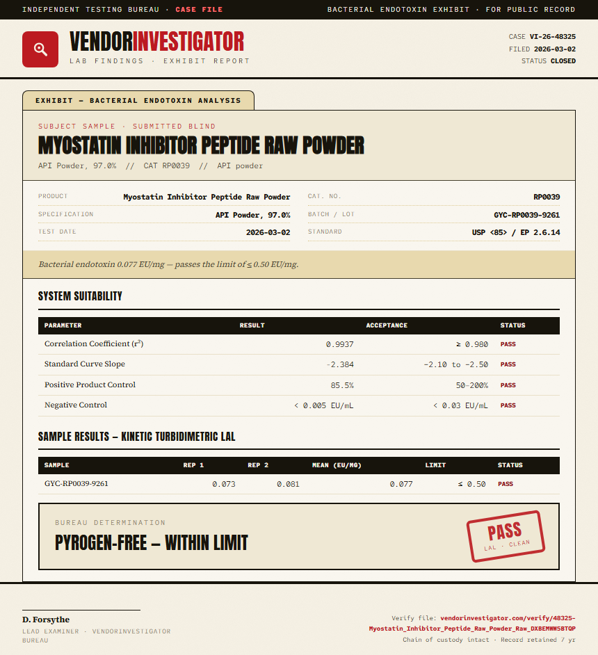 Myostatin Inhibitor Peptide Raw Powder Endotoxin report by VendorInvestigator