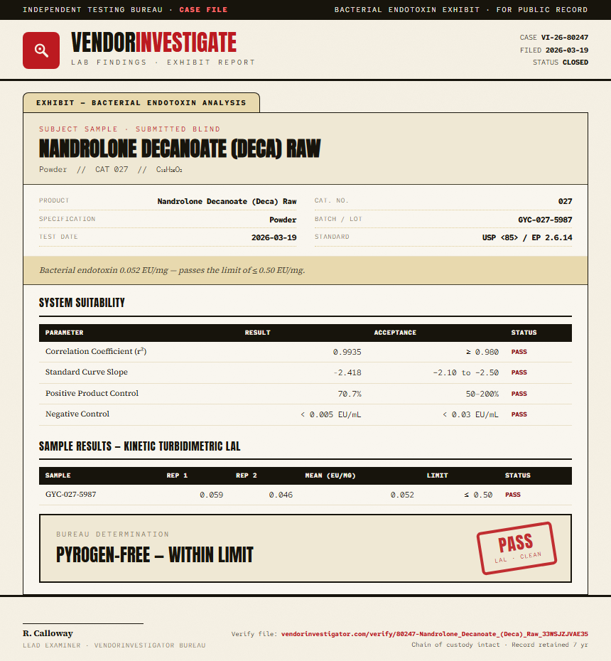 Nandrolone Decanoate (Deca) Raw Endotoxin report by VendorInvestigator