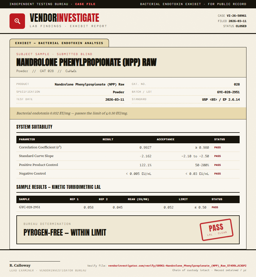 Nandrolone Phenylpropionate (NPP) Raw Endotoxin report by VendorInvestigator