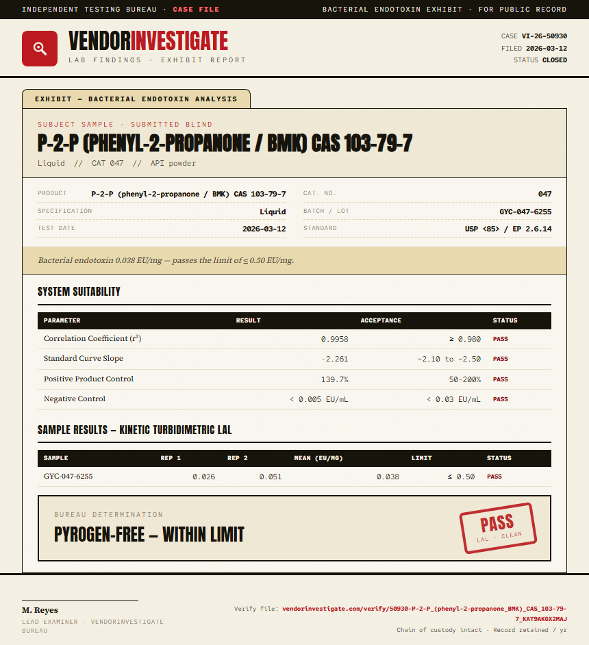 P-2-P (phenyl-2-propanone / BMK) CAS 103-79-7 Endotoxin report by VendorInvestigator