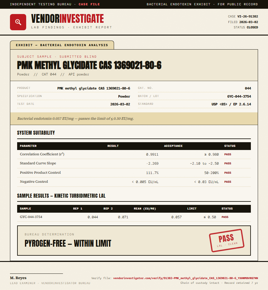 PMK methyl glycidate CAS 1369021-80-6 Endotoxin report by VendorInvestigator