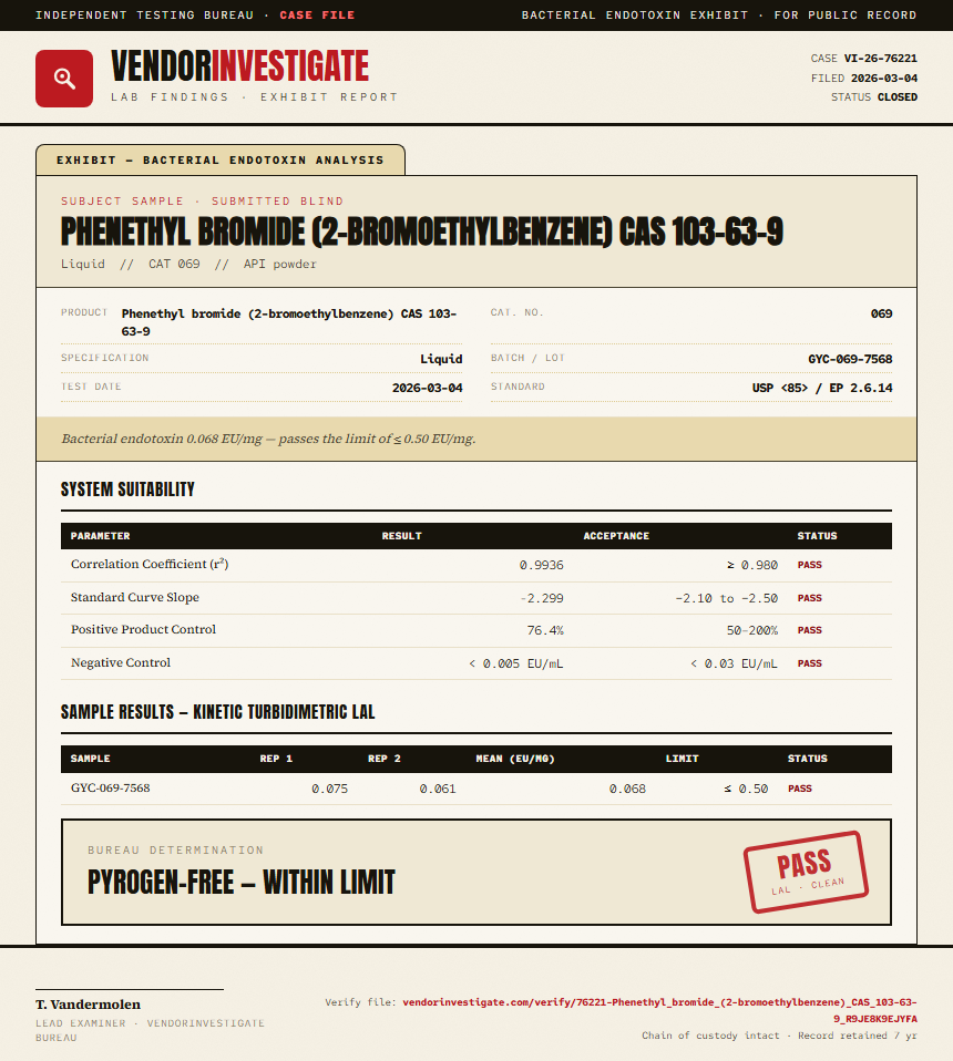 Phenethyl bromide (2-bromoethylbenzene) CAS 103-63-9 Endotoxin report by VendorInvestigator