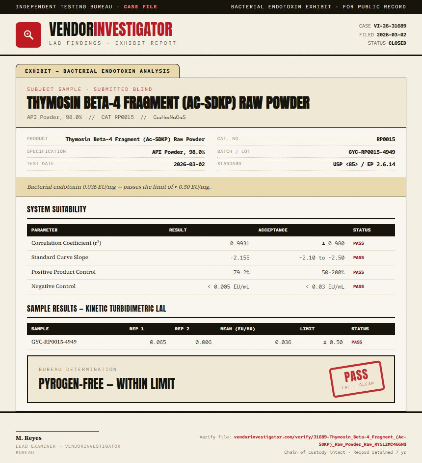 Thymosin Beta-4 Fragment (Ac-SDKP) Raw Powder Endotoxin report by VendorInvestigator
