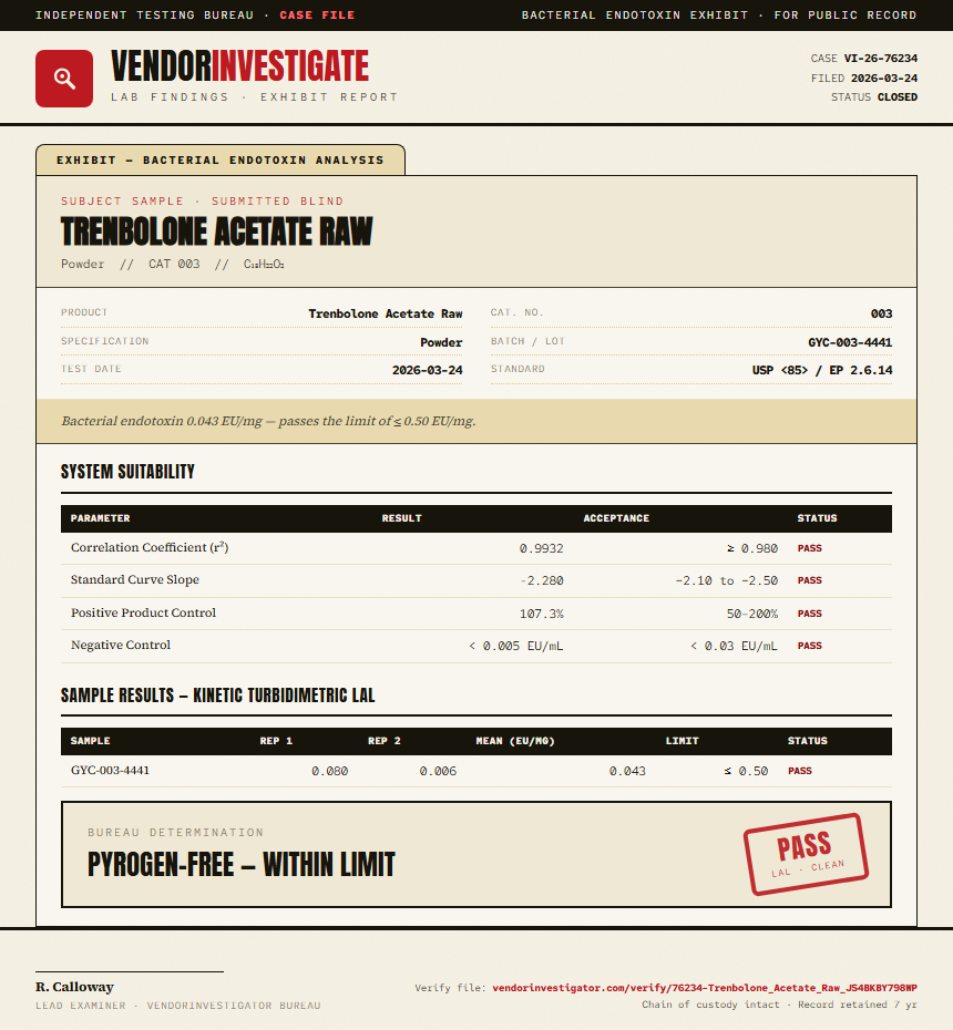 Trenbolone Acetate Raw Endotoxin report by VendorInvestigator