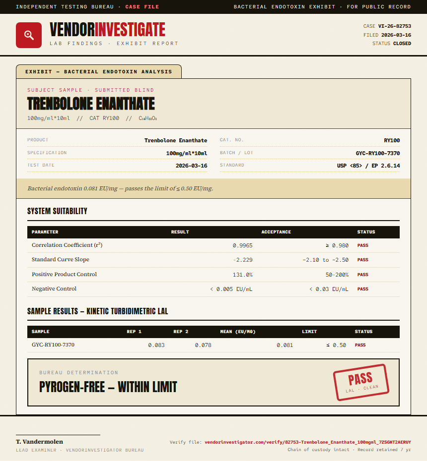 Trenbolone Enanthate Endotoxin report by VendorInvestigator