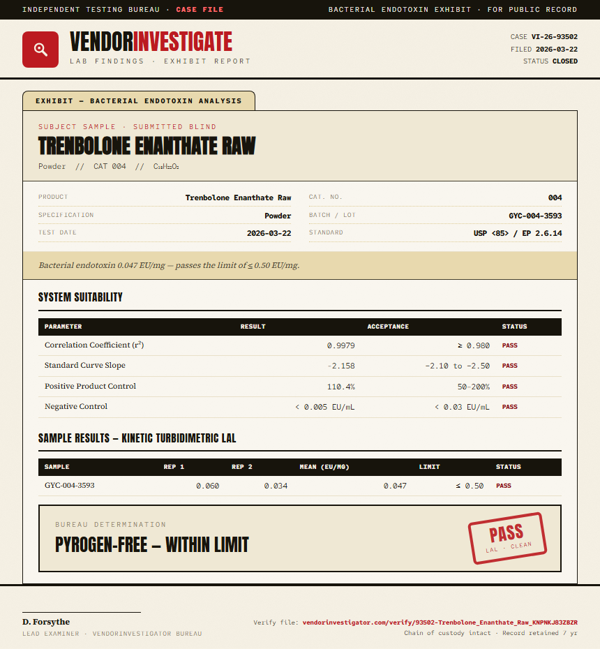 Trenbolone Enanthate Raw Endotoxin report by VendorInvestigator
