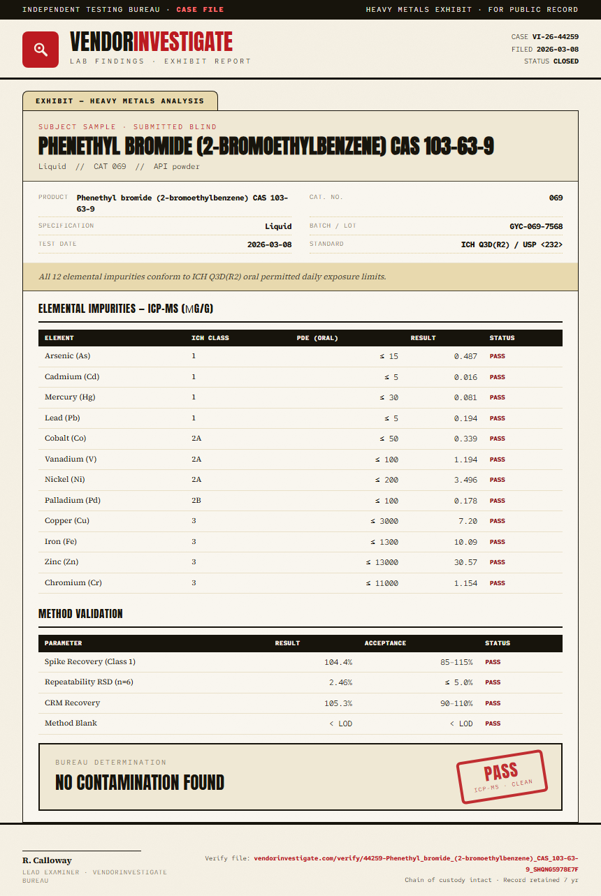 Phenethyl bromide (2-bromoethylbenzene) CAS 103-63-9 Heavy Metals report by VendorInvestigator
