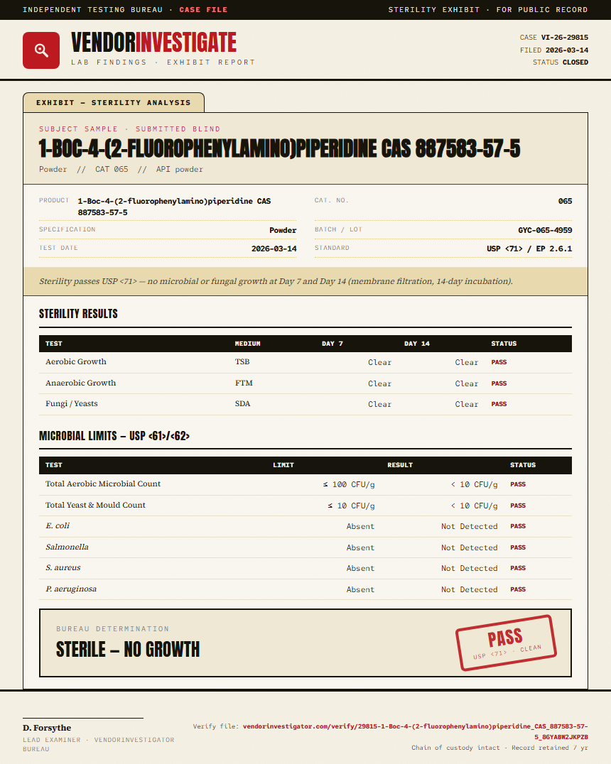 1-Boc-4-(2-fluorophenylamino)piperidine CAS 887583-57-5 Sterility report by VendorInvestigator