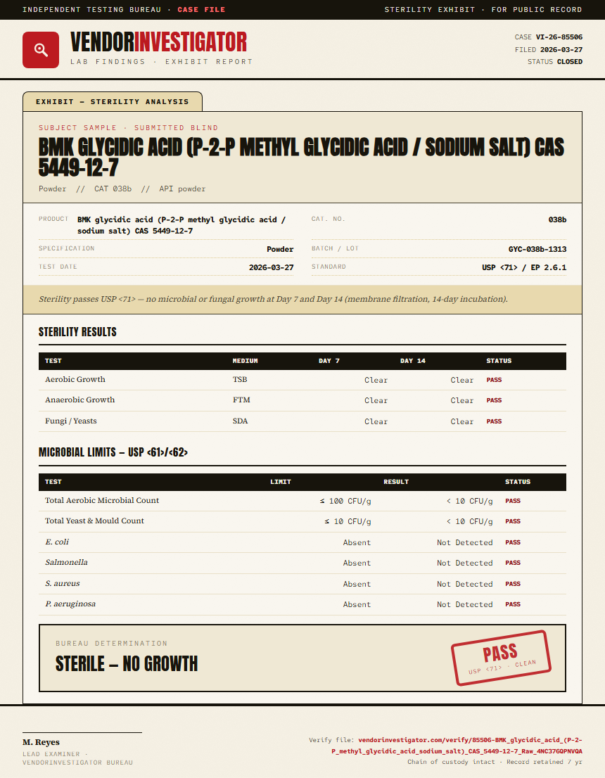 BMK glycidic acid (P-2-P methyl glycidic acid / sodium salt) CAS 5449-12-7 Sterility report by VendorInvestigator