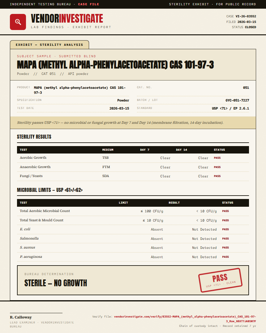MAPA (methyl alpha-phenylacetoacetate) CAS 101-97-3 Sterility report by VendorInvestigator