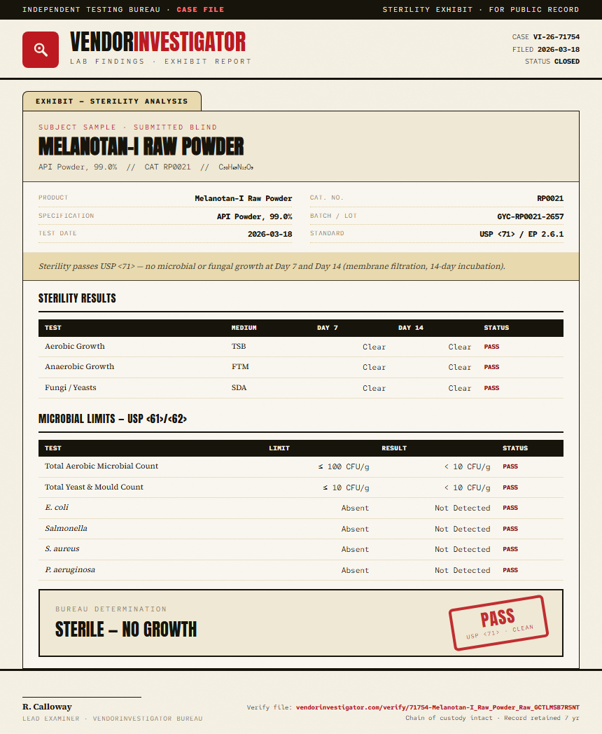Melanotan-I Raw Powder Sterility report by VendorInvestigator