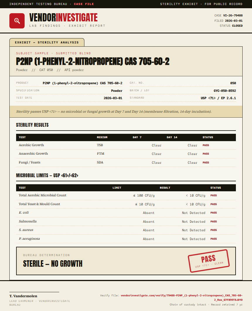 P2NP (1-phenyl-2-nitropropene) CAS 705-60-2 Sterility report by VendorInvestigator