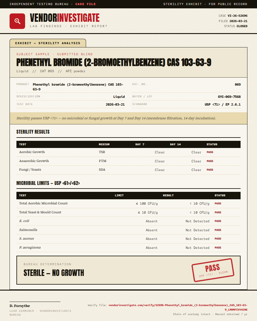 Phenethyl bromide (2-bromoethylbenzene) CAS 103-63-9 Sterility report by VendorInvestigator