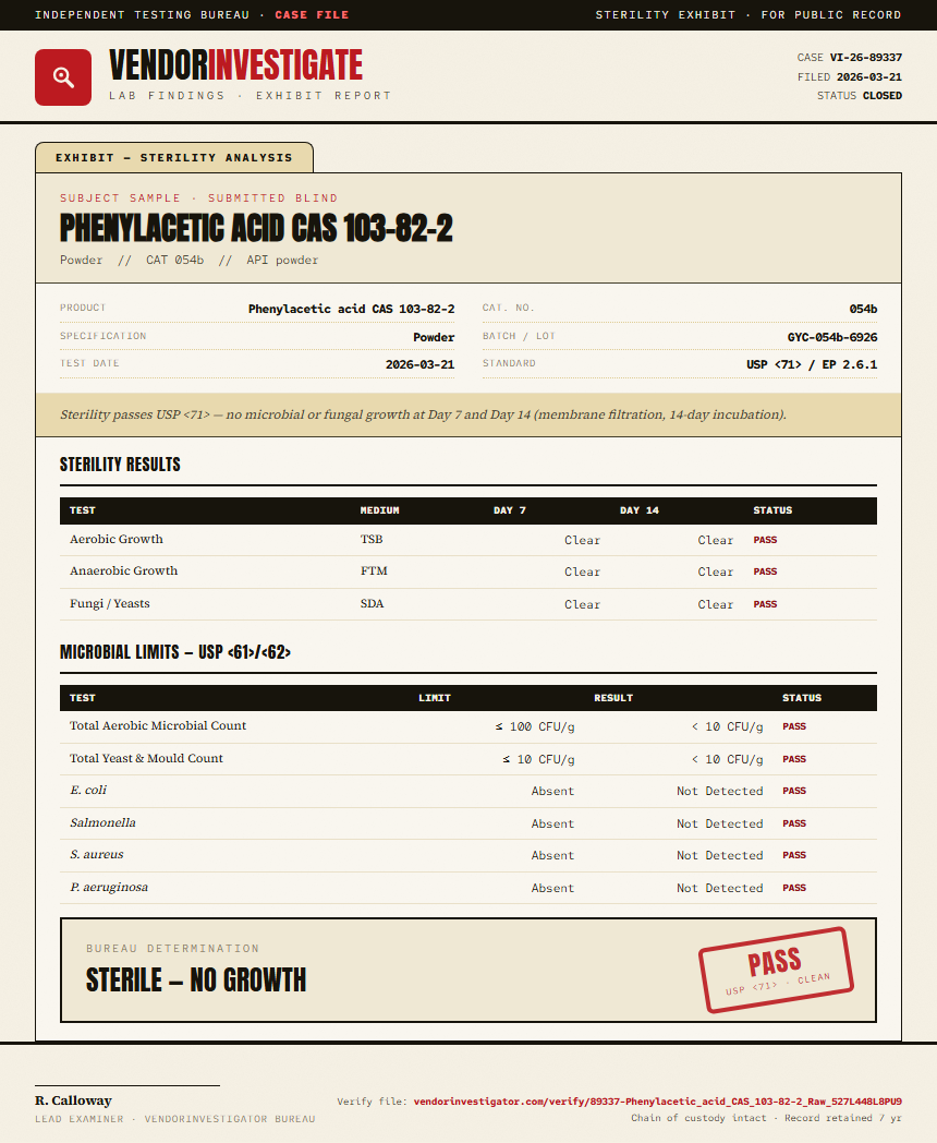 Phenylacetic acid CAS 103-82-2 Sterility report by VendorInvestigator