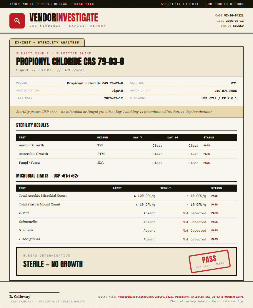 Propionyl chloride CAS 79-03-8 Sterility report by VendorInvestigator