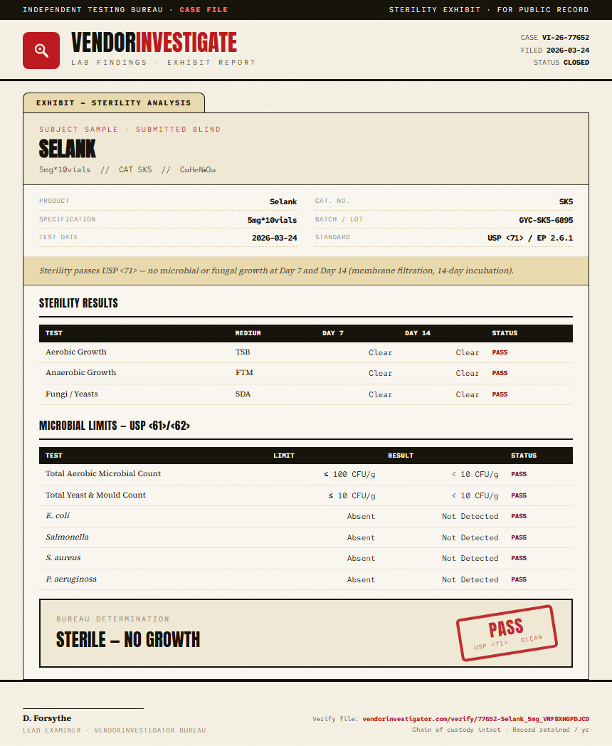 Selank Sterility report by VendorInvestigator